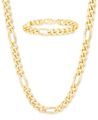 Mens Figaro Link Chain Necklace Bracelet Collection In 14k Gold Plated Sterling Silver