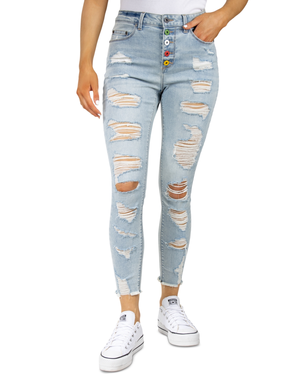 Indigo Rein Juniors' Shredded Button-Fly Jeans