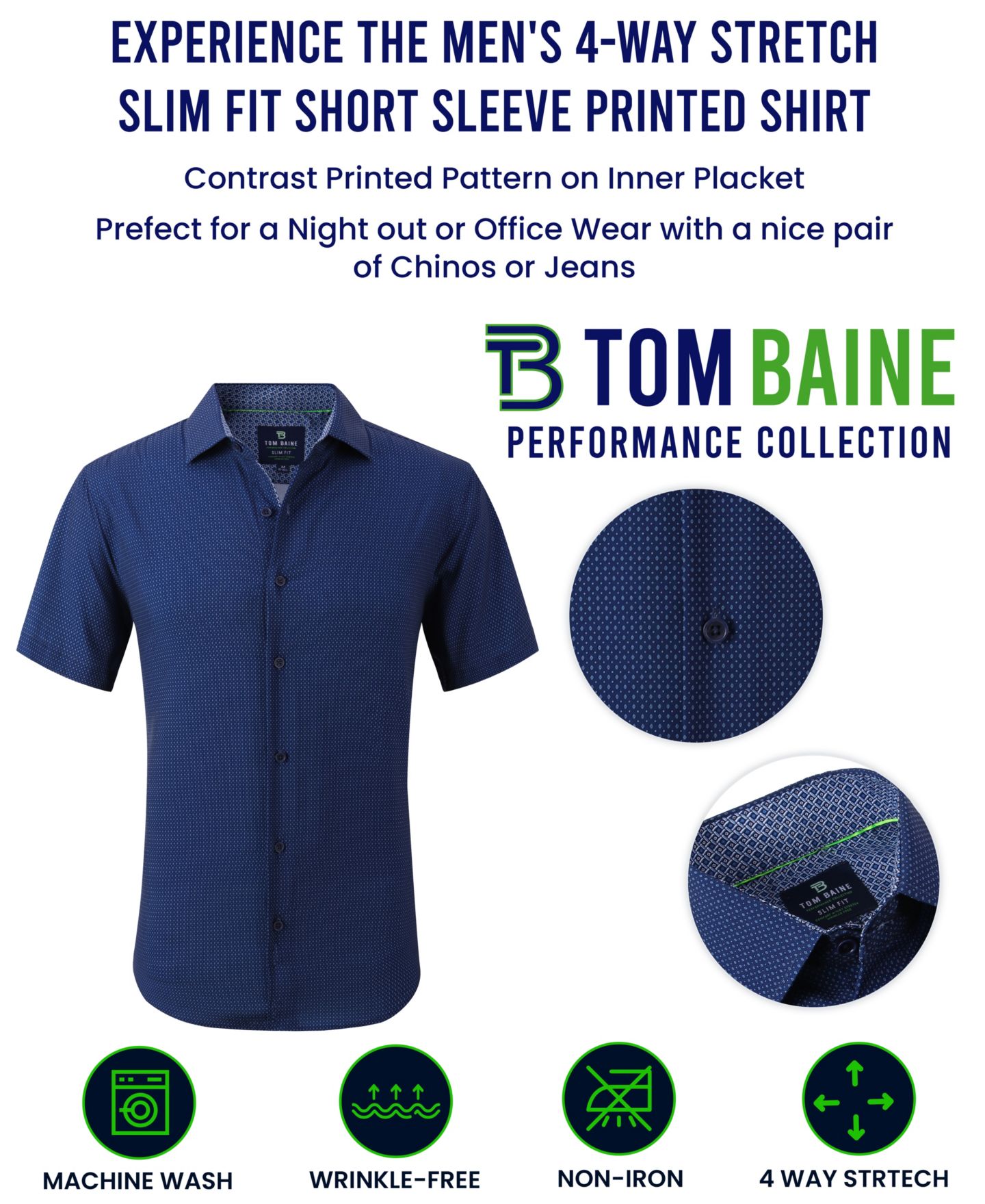 Мужская рубашка Tom Baine Slim Fit Short Sleeve Performance Button Down Dress Shirt, цвет: Тёмно-синий — фото 5