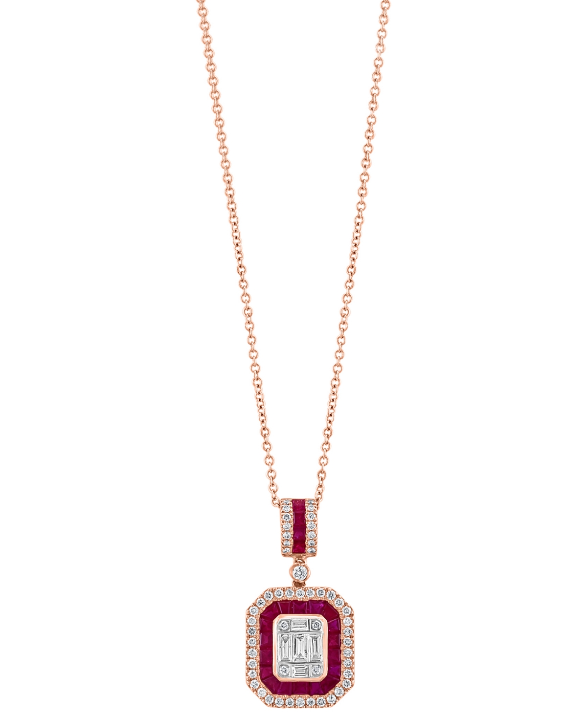 Effy Collection Effy Ruby (7/8 Ct. T.w.) & Diamond (5/8 Ct. T.w.) Baguette Cluster 18" Pendant Necklace In 14k Rose