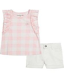 Toddler Girls Ruffle-Sleeves Check Top and White Denim Shorts, 2-Piece Set