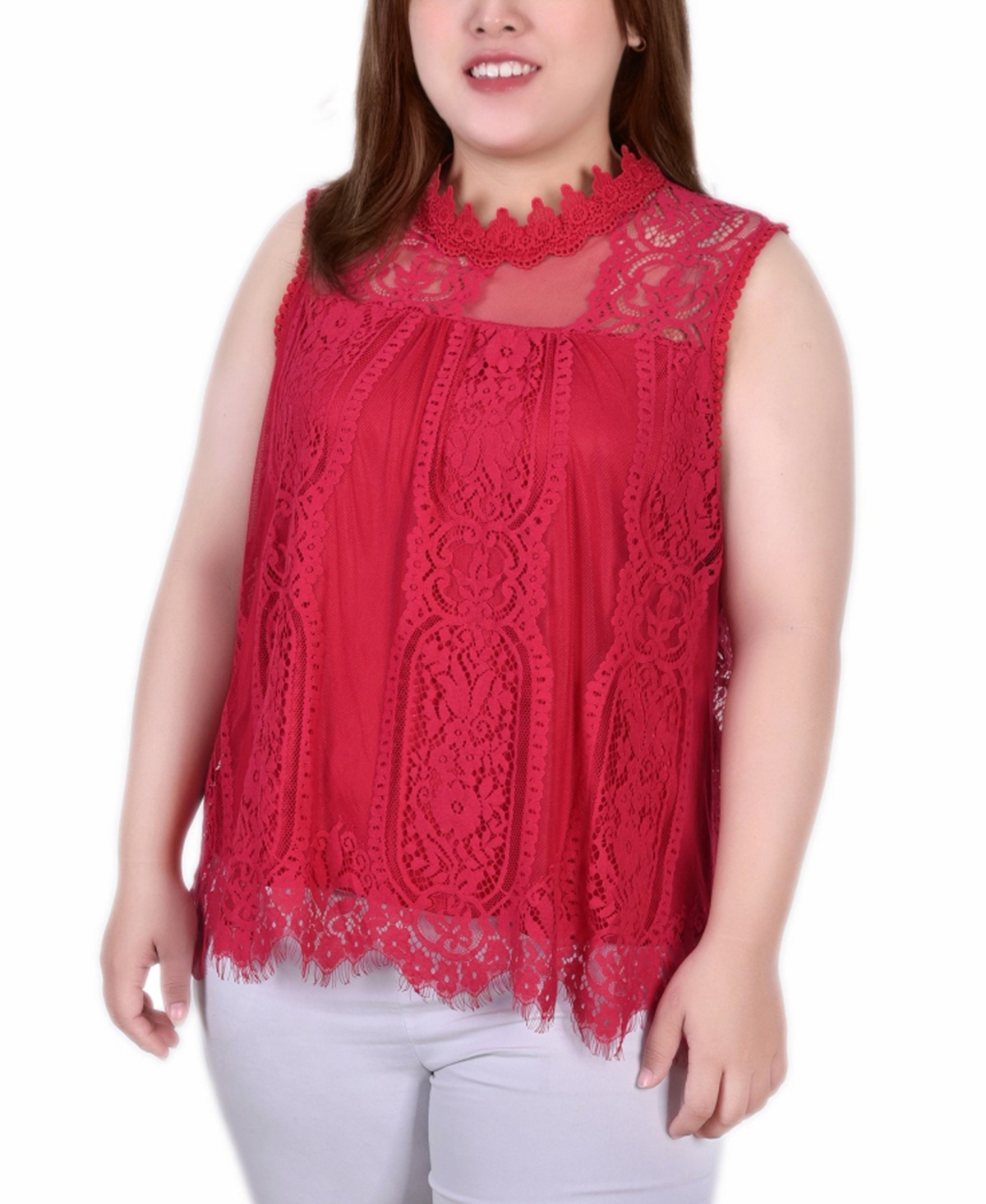 Plus Size Sleeveless Mock Neck Lace Top - Red