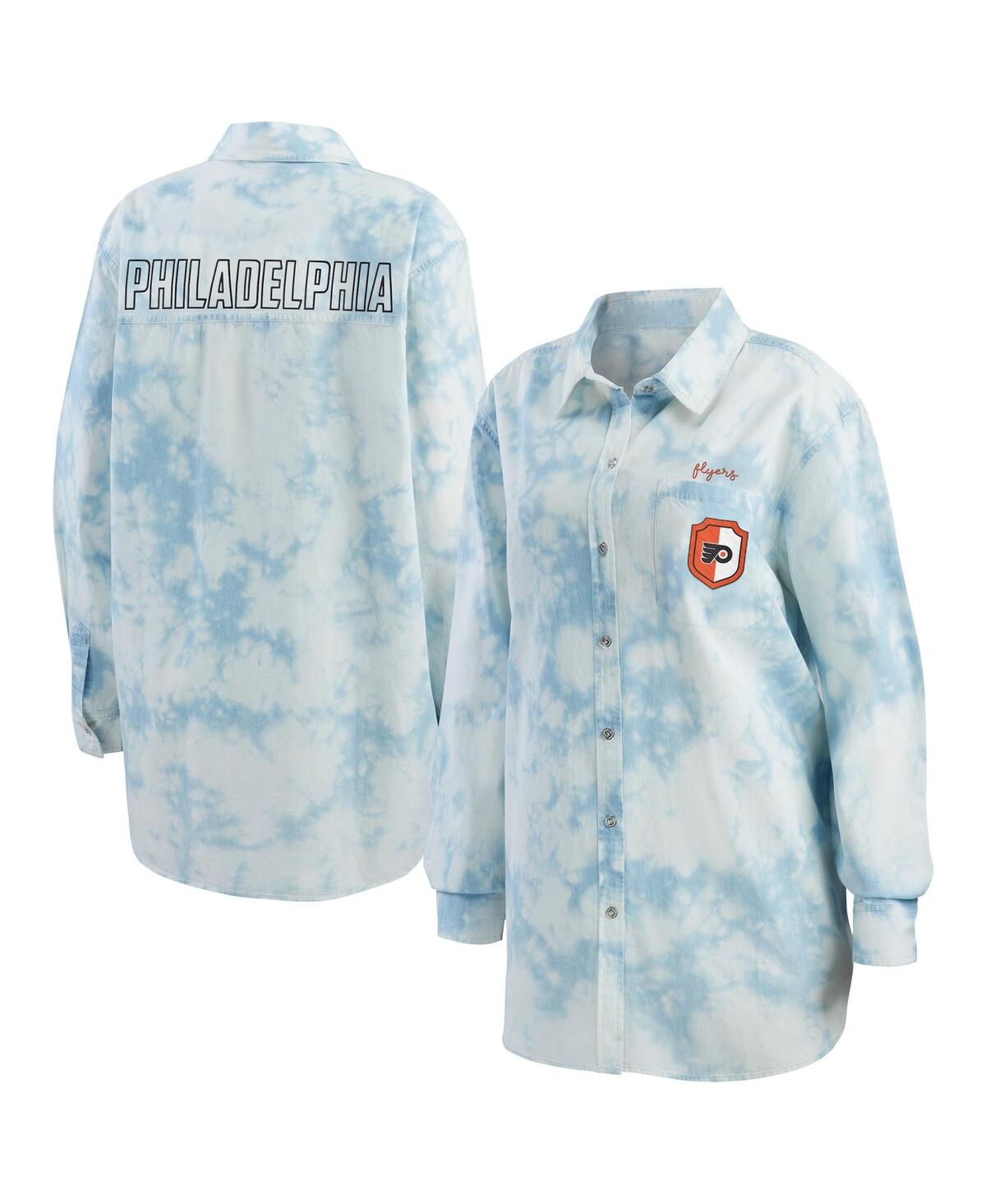 Shop Wear By Erin Andrews Women's  White Philadelphia Flyers Oversized Tie-dye Button-up Denim Shirt