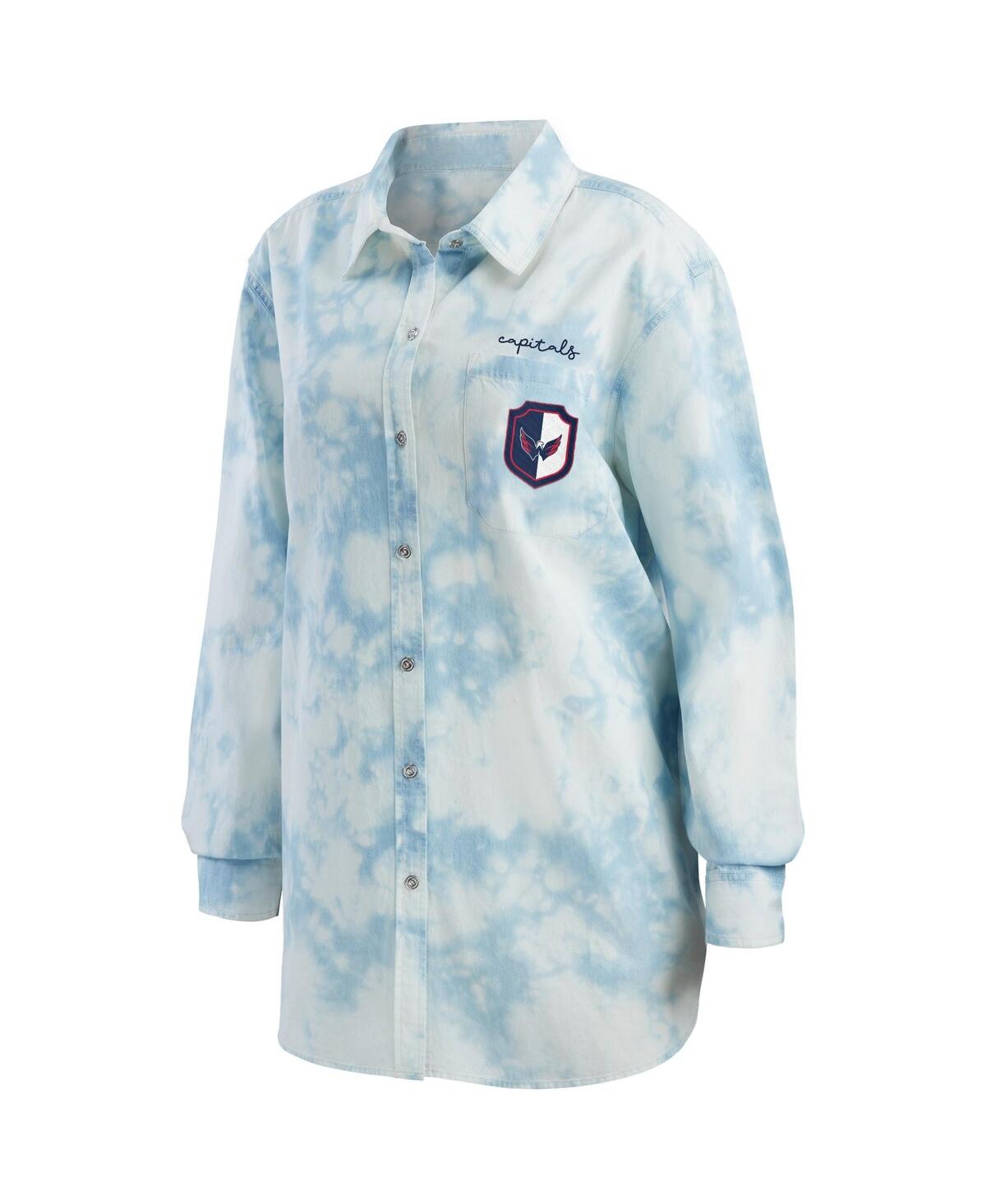 Shop Wear By Erin Andrews Women's  White Washington Capitals Oversized Tie-dye Button-up Denim Shirt