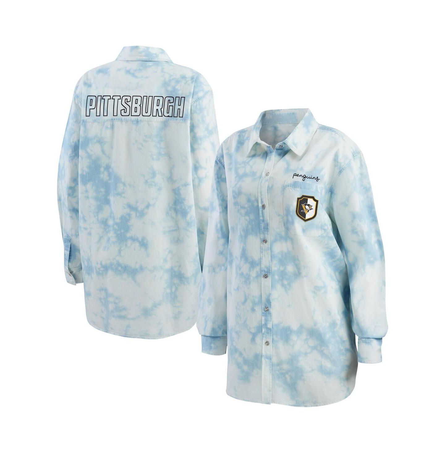 Женская рубашка WEAR by Erin Andrews White Pittsburgh Penguins Oversized Tie-Dye Button-Up Denim — фото 2