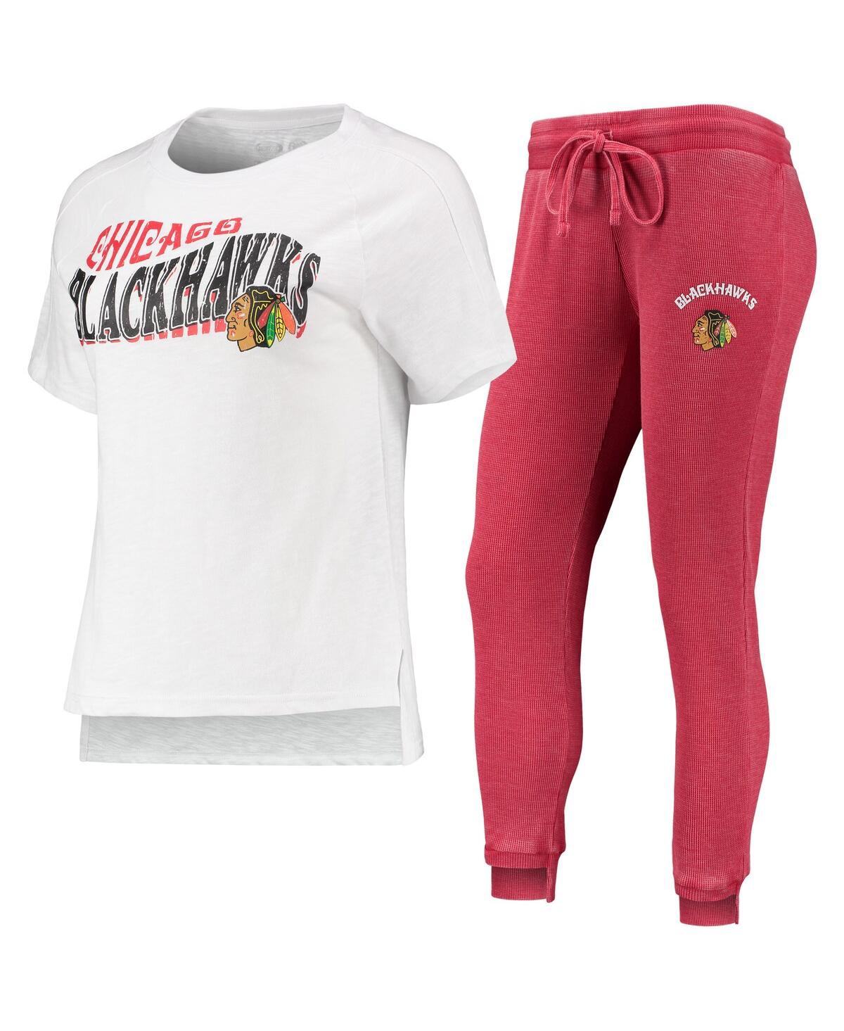 Women's Concepts Sport Red, White Chicago Blackhawks Resurgence Slub Burnout Raglan T-shirt and Joggers Sleep Set - Red, White