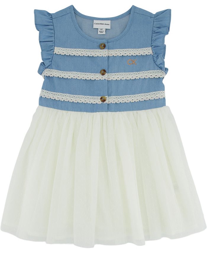 Calvin Klein Toddler Girls Crochet Trim Denim Mesh One Piece Dress