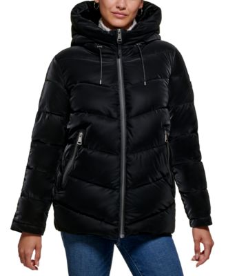 Petite Hooded Liquid Velvet Puffer Coat 