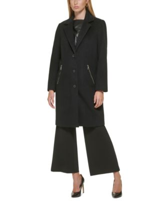 DKNY - Petite Button-Front Zip-Pocket Walker Coat