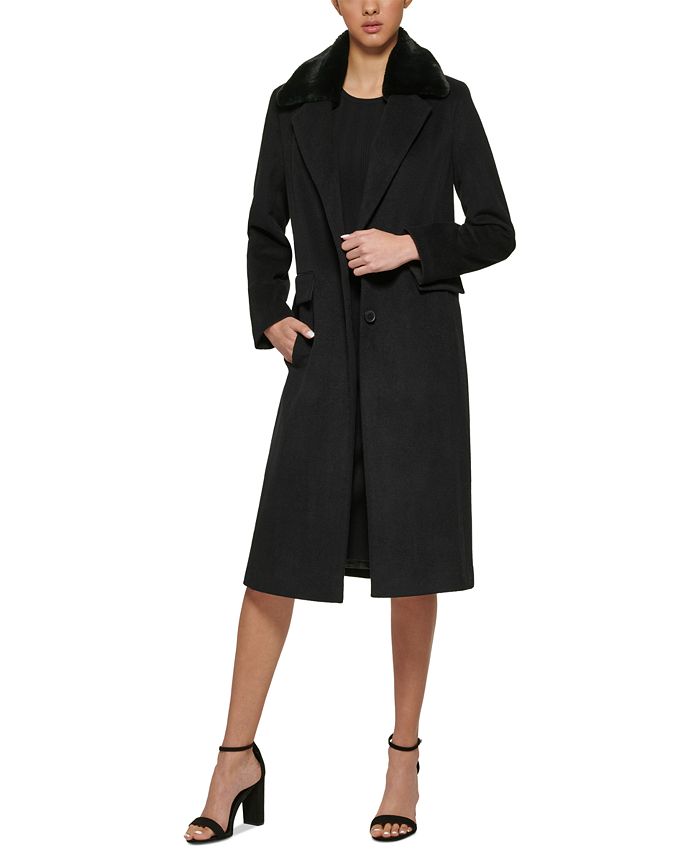 DKNY Women's Faux-Fur Collar Reefer Coat - Macy's