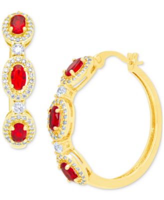 Macy's - Lab-Created Ruby (2-1/10 ct. t.w.) & Cubic Zirconia Medium Hoop Earrings in Gold-Plated Brass, 1.1"