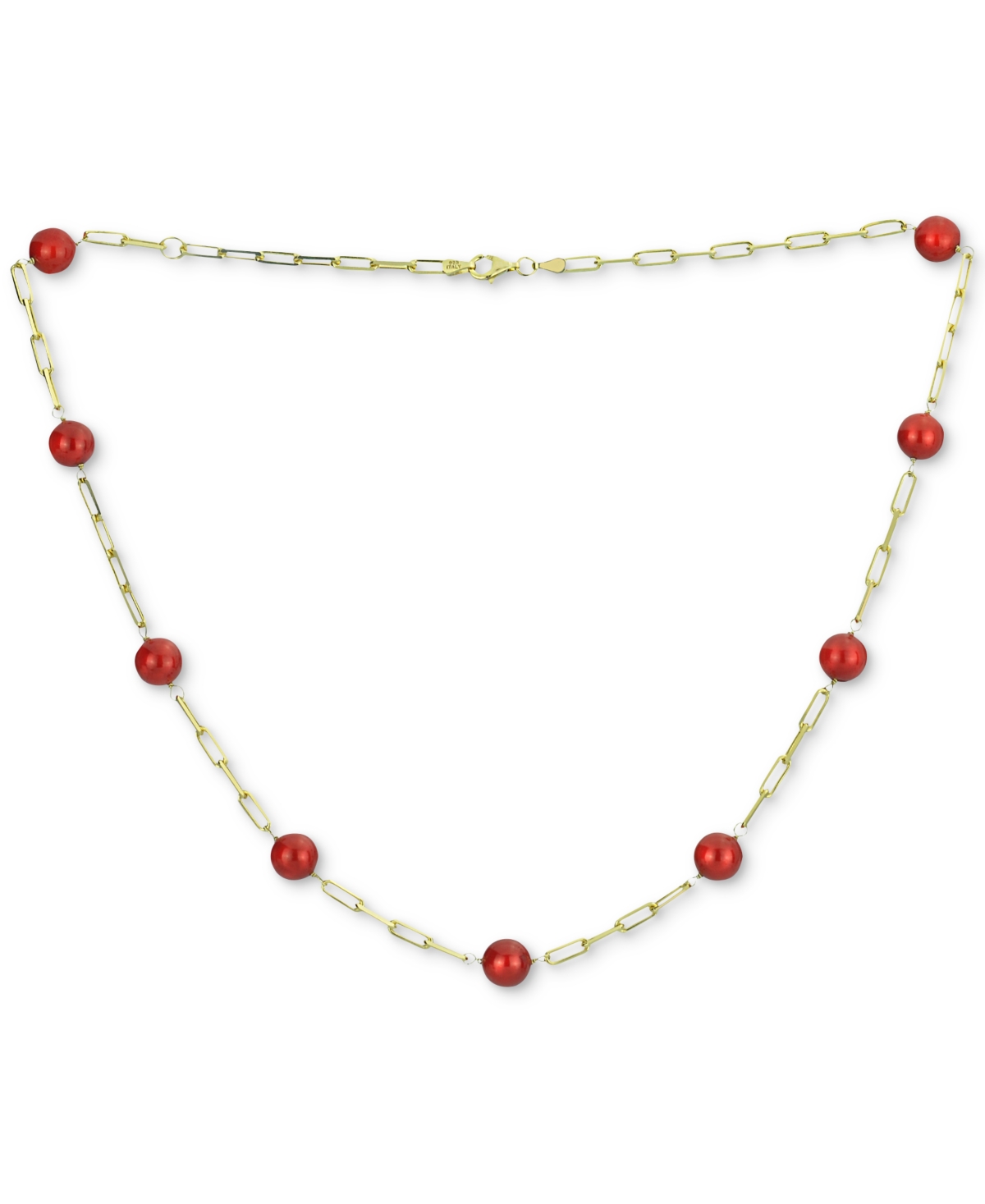 Green Jade Bead Paperclip Link Collar Necklace in Gold-Plated Sterling Silver, 18