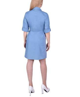 Petite 3/4 Roll Tab Sleeve Denim Dress