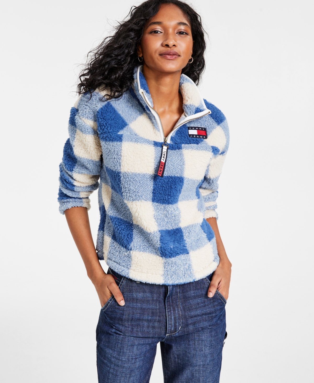 Tommy Jeans Women s 1 4 Zip Buffalo Plaid Sherpa Pullover Smart Closet