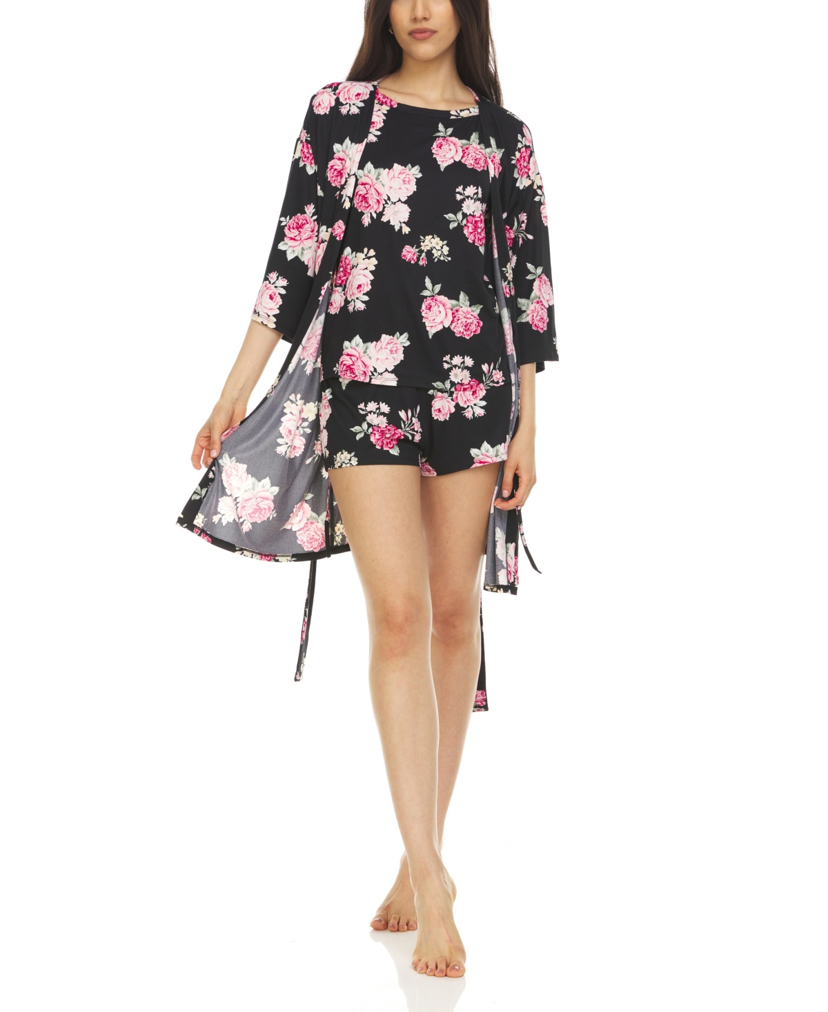Flora by Flora Nikrooz Women's Georgie Robe, Top and Shorts Travel 3 Piece Set