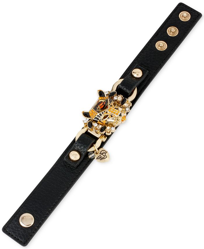 Betsey Johnson Gold-Tone Faux-Leather Leopard Snap Bracelet - Macy's