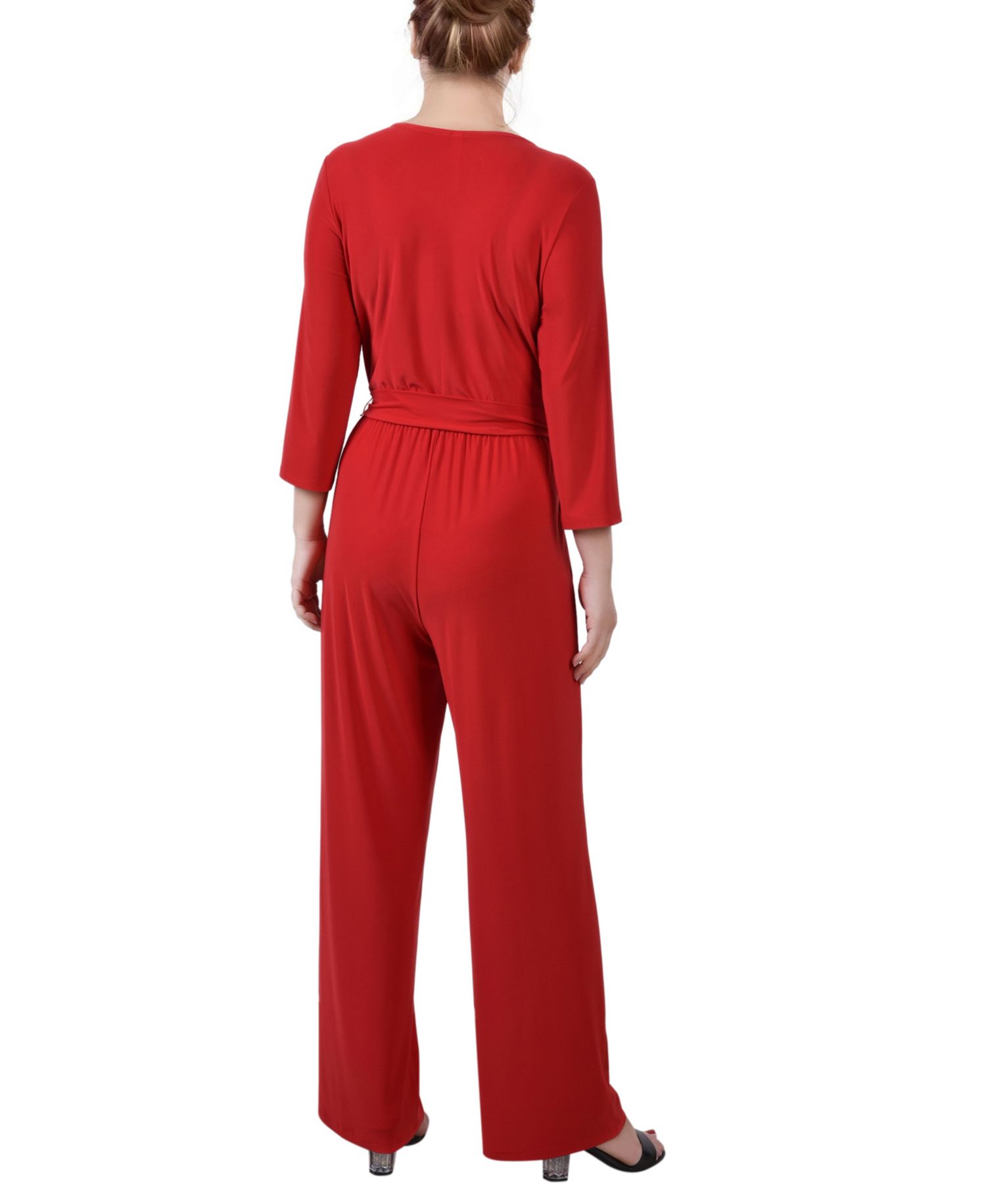 Petite 3/4 Sleeve Belted Wide Leg Jumpsuit