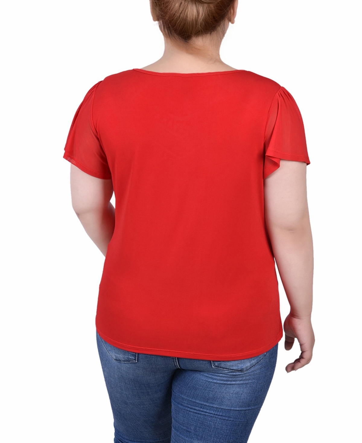 Ny Collection Plus Size Studded Short Flutter Sleeve Top with Mesh Details