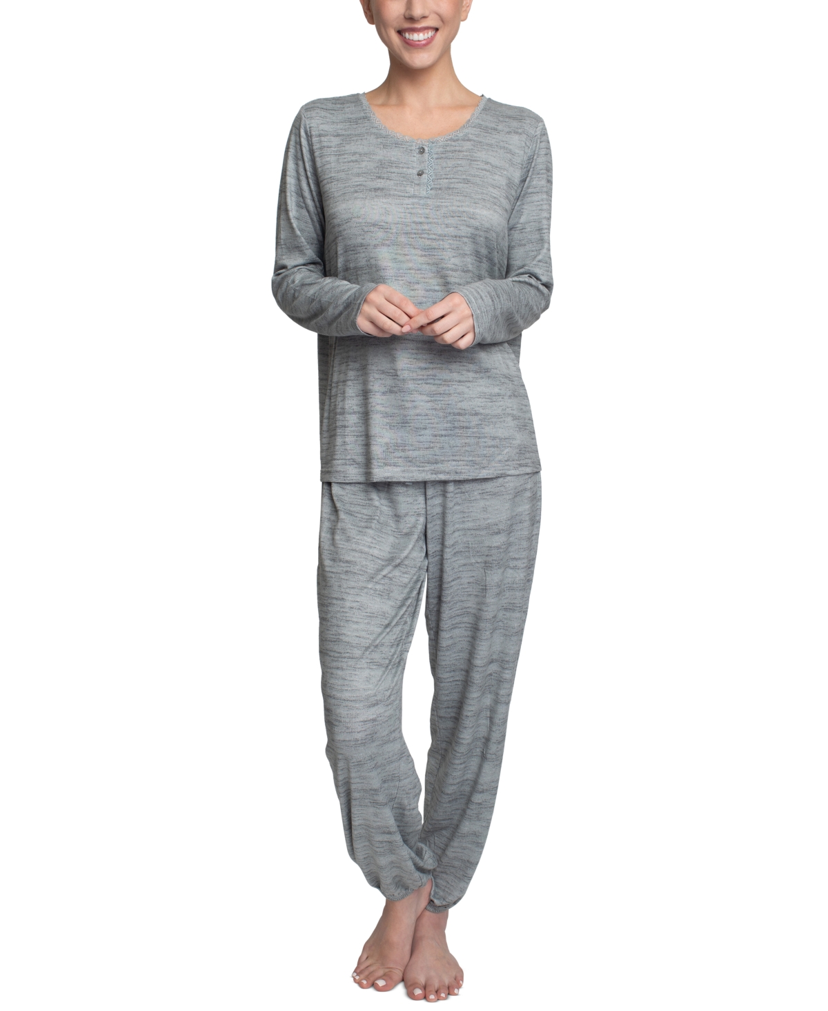HANES WOMEN'S RELAXED BUTTER-KNIT HENLEY PAJAMA SET