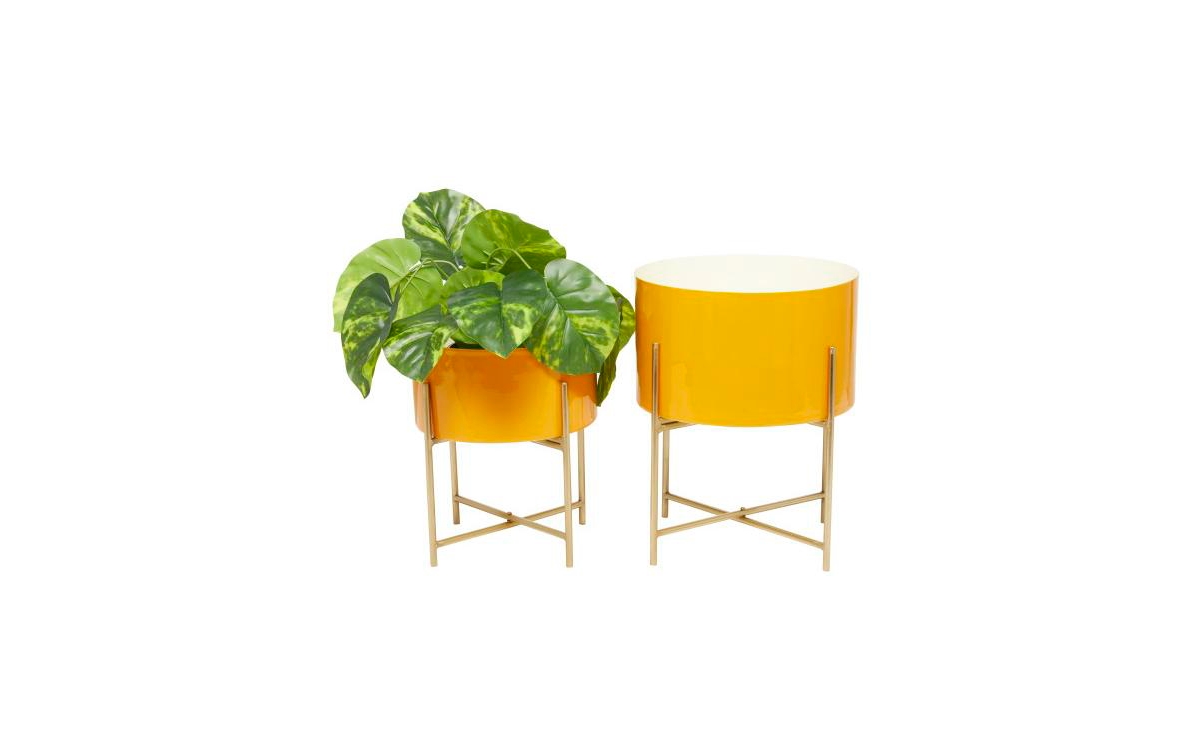 Cosmoliving Metal Modern Planters With Stand, Set Of 2 In Yellow