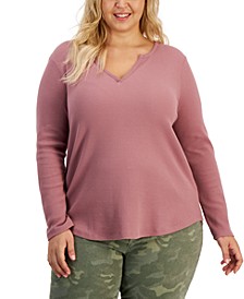 Plus Size Waffle-Knit Split-Neck Top, Created for Macy's
