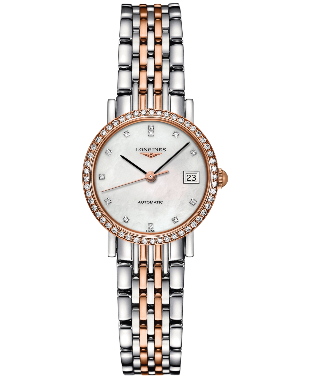 Longines Women's Swiss Automatic Elegant Diamond (3/8 Ct. T.w) 18k Gold & Stainless Steel Bracelet Watch 25mm In No Color