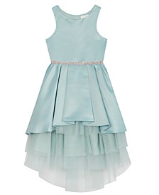 Toddler Girls Hi-Low Tiered Ruffle Mesh Skirt Satin Dress