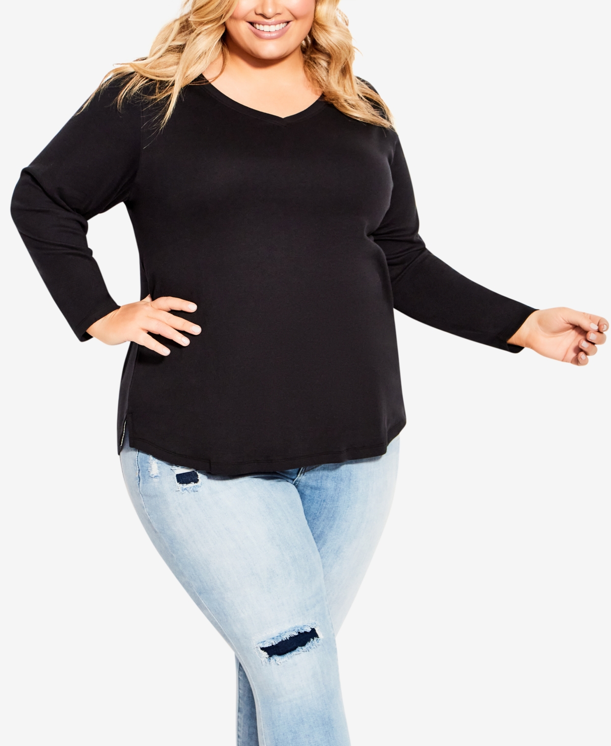 Plus Size V Neck Essential Long Sleeve T-Shirt - Teal
