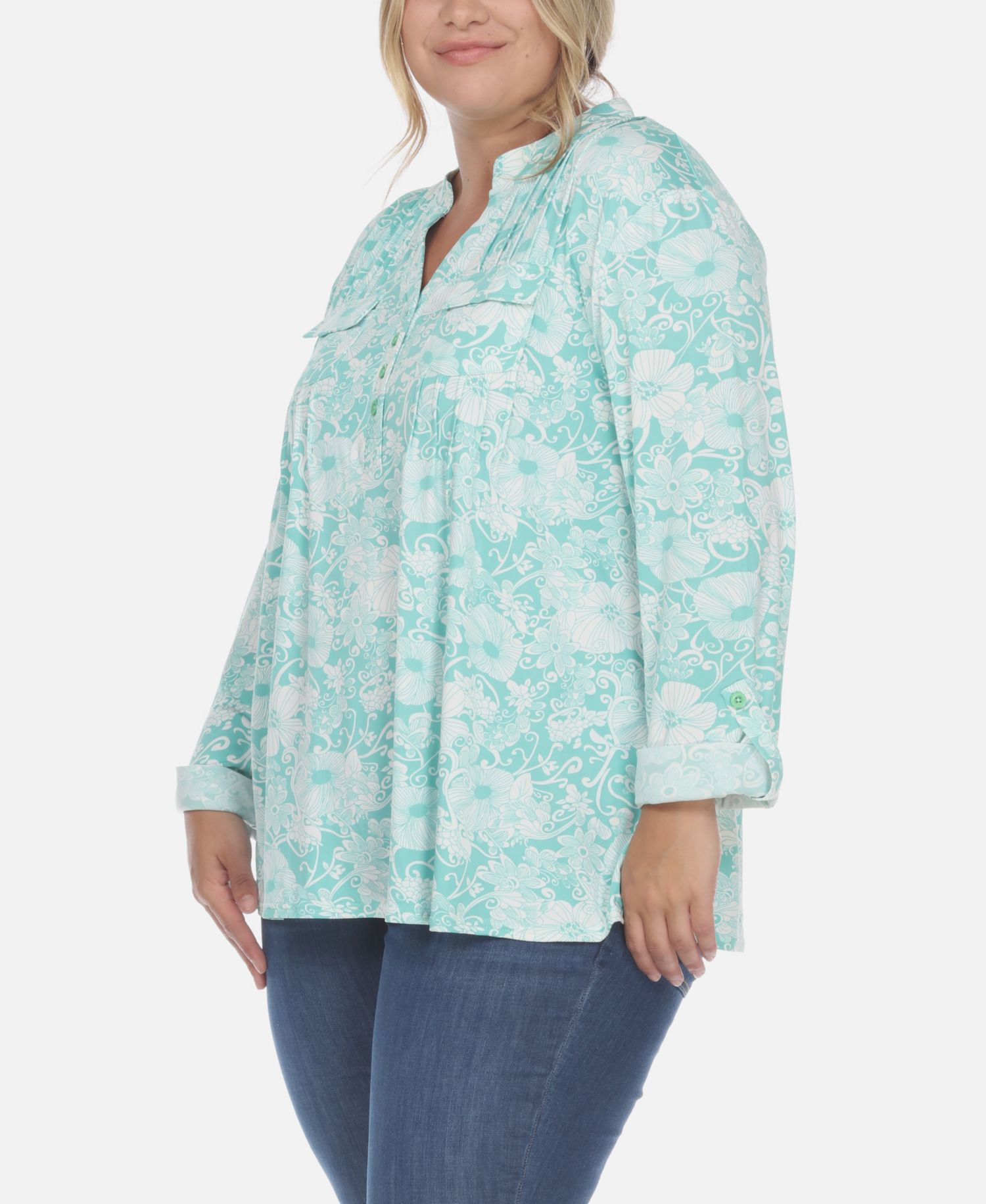 Plus Size Pleated Long Sleeve Floral Print Blouse