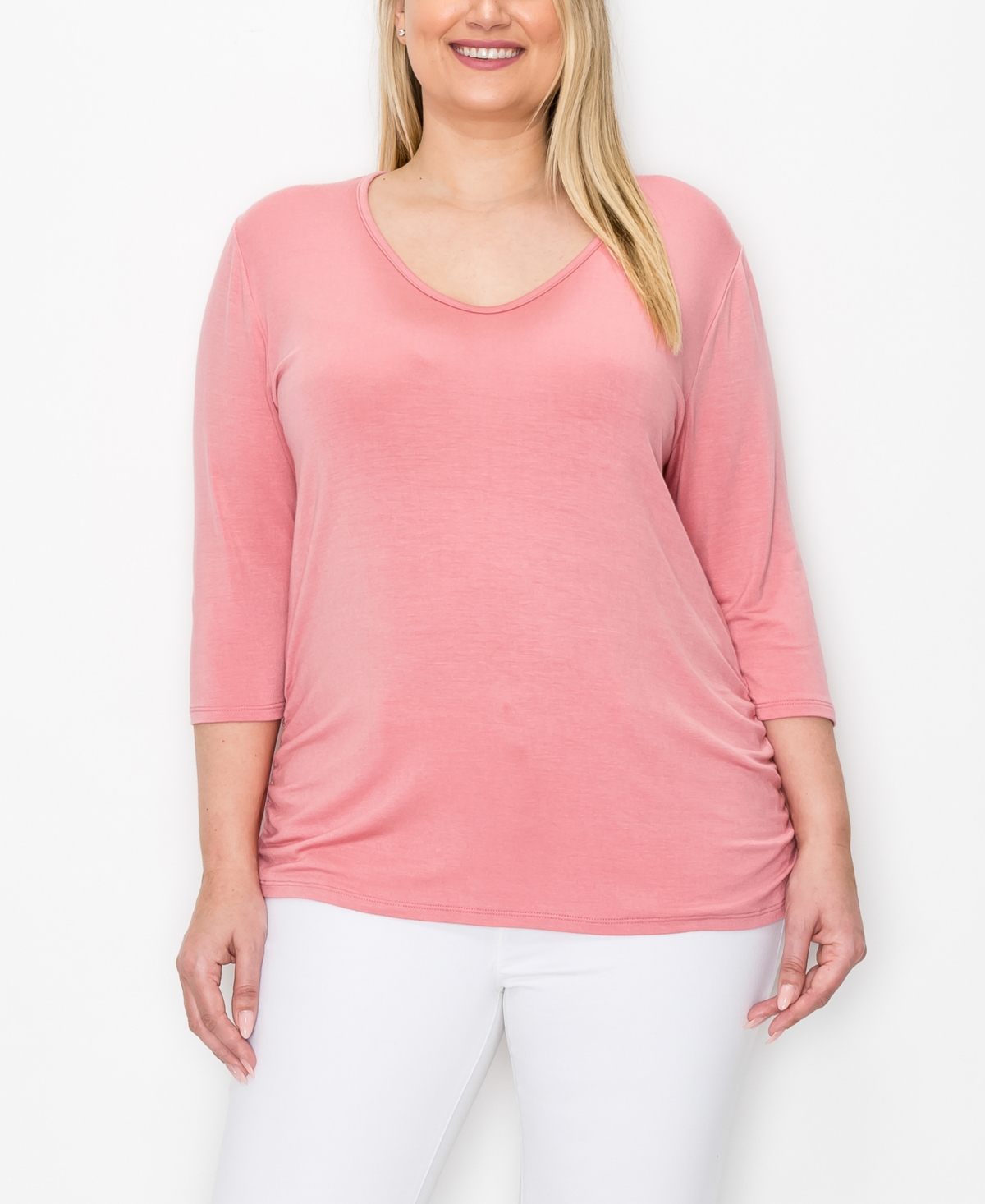 Plus Size V-neck Side Ruched 3/4 Sleeve Top - Hot Pink