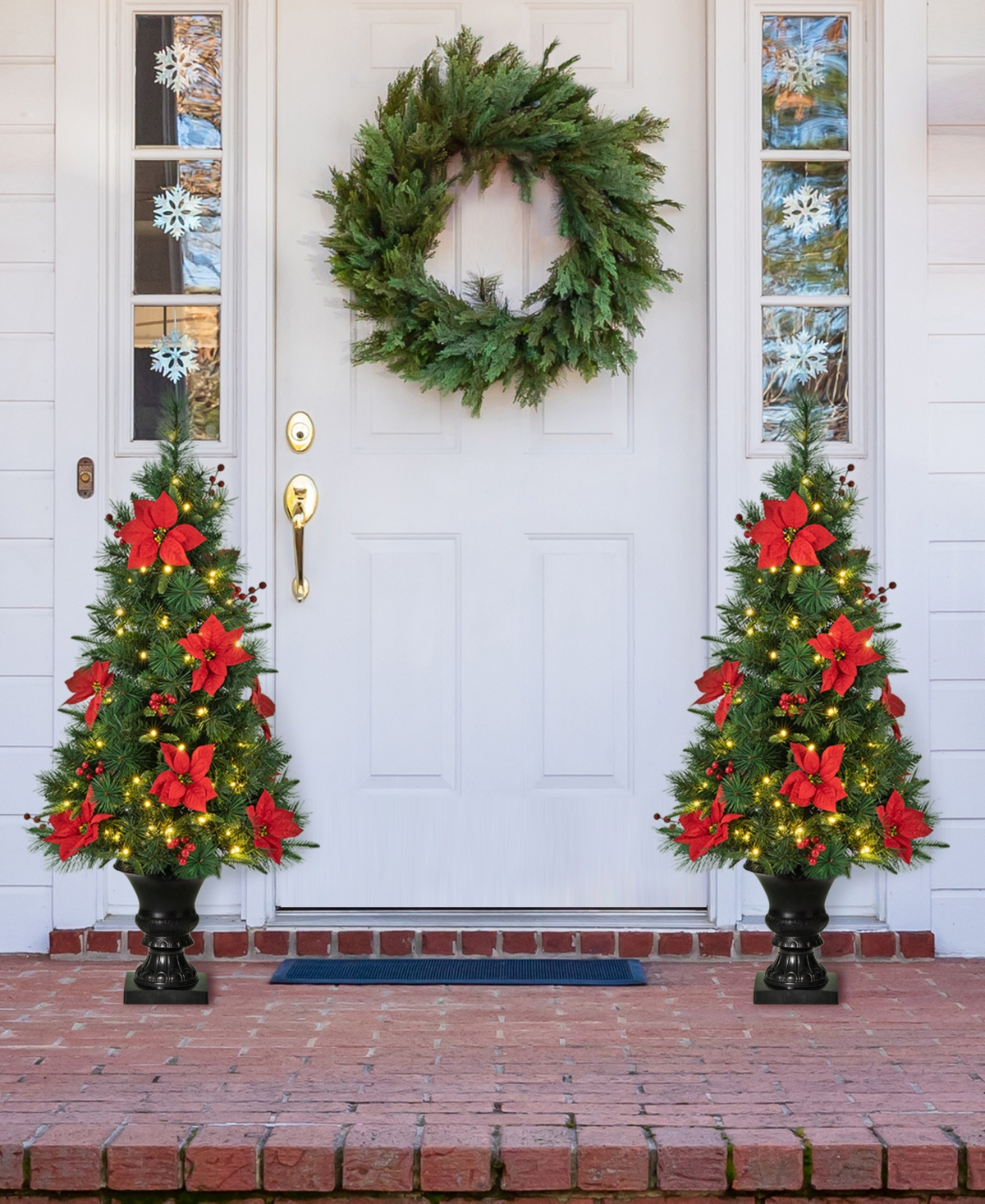Glitzhome Pre-Lit Pine Artificial Christmas Porch Tree with 100 Warm White Lights Set, 2 Piece