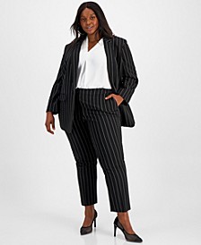 Plus Size Pinstripe One-Button Blazer, Blouse, & Pinstripe Straight Ankle Pants, Created for Macy's 