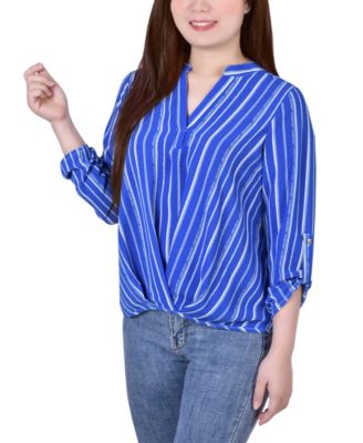 Petite Size 3/4 Push Tab Mandarin Collar Blouse with Front Pleats