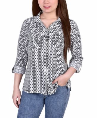 Petite 3/4 Sleeve Roll Tab Notch Collar Blouse 