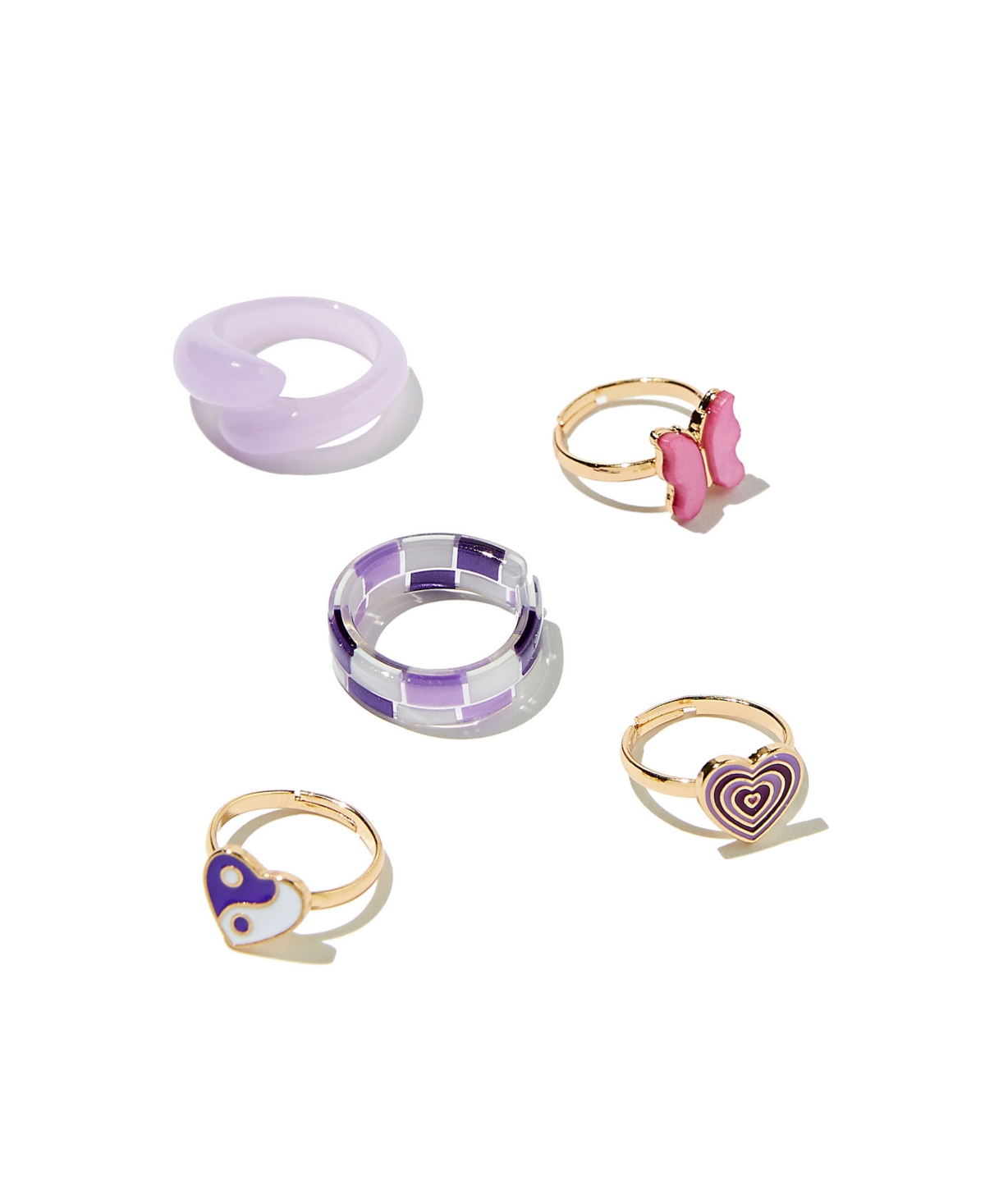 Cotton On Big Girls Kids Ring, Pack Of 5 In Purple Hearts/butterfly