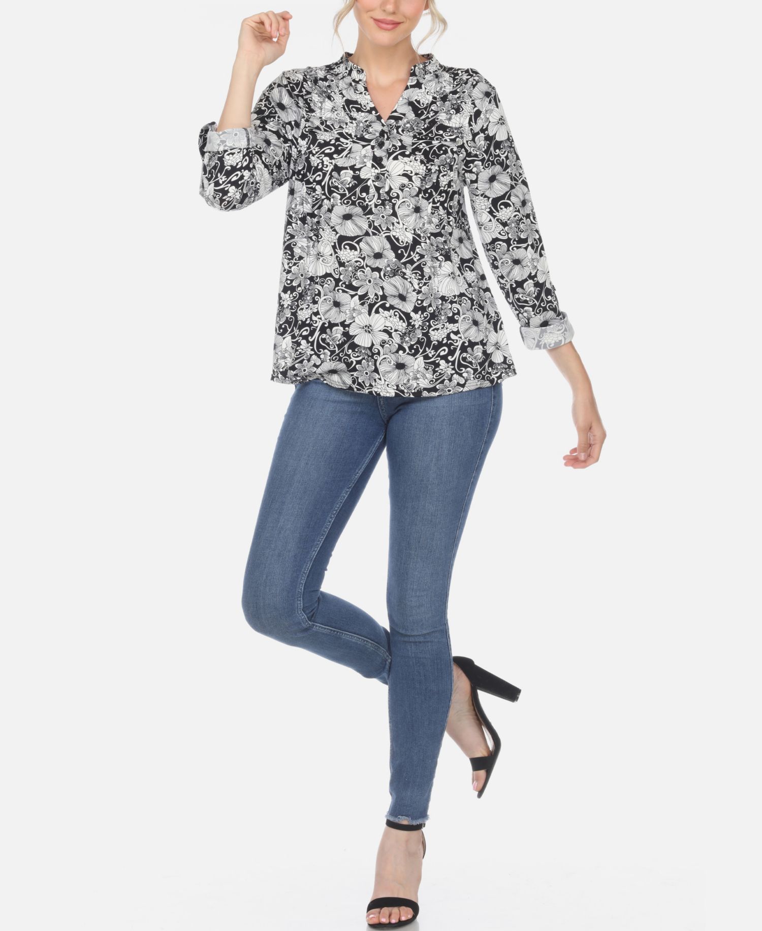 Plus Size Pleated Long Sleeve Floral Print Blouse