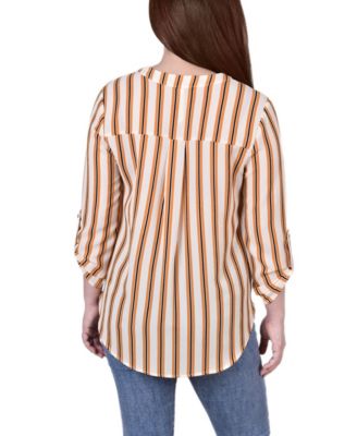 Petite Size 3/4 Push Tab Mandarin Collar Blouse with Front Pleats