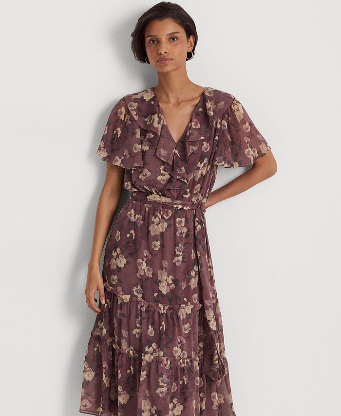 Lauren Ralph Lauren Floral Crinkle Georgette Belted Dress - Macy's