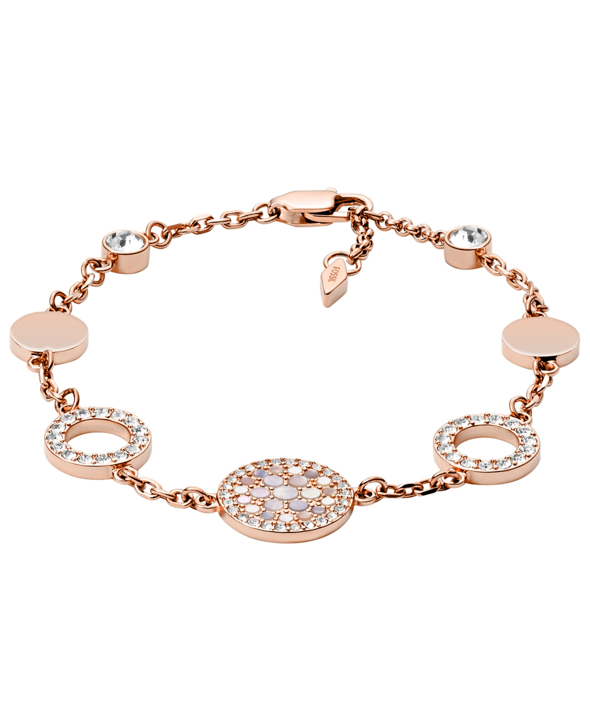 Shop Fossil Val Mosaic Mother Of Pearl Disc Station Bracelet In Rose Gold-tone