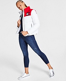 Women's Colorblocked Puffer Jacket, Side-Striped Mock-Neck Top & TH Flex Curvy Skinny Ankle Jeans