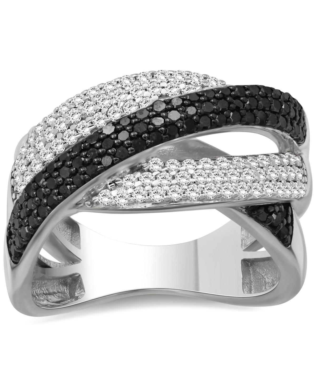 Macy's Black Diamond (1/2 Ct. T.w.) & White Diamond (1/2 Ct. T.w.) Crossover Statement Ring In Sterling Sil In White