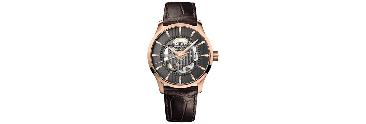 Мужские часы Mido Swiss Automatic Multifort Skeleton Vertigo Brown Leather Strap Watch 42mm — фото 1