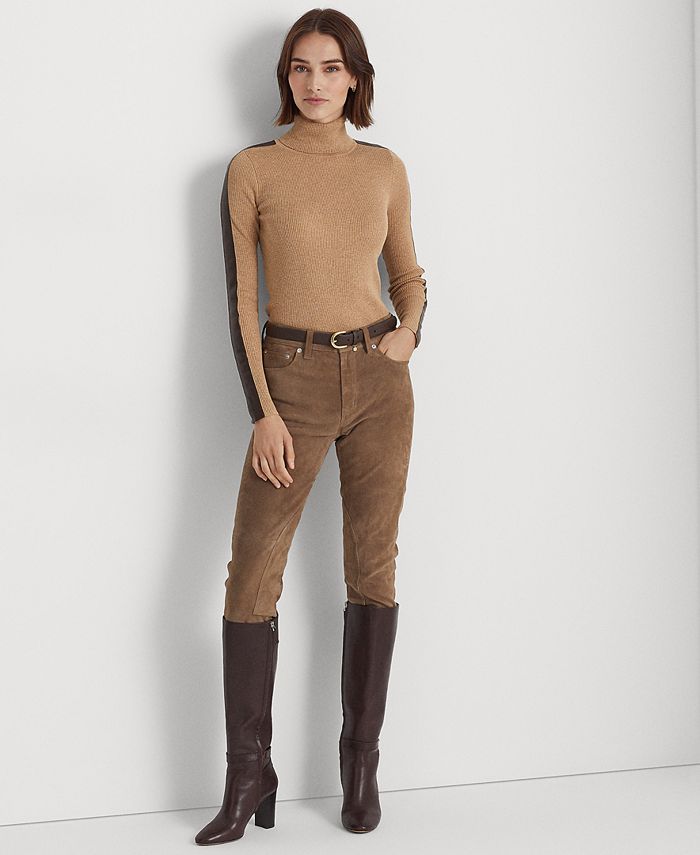 Lauren Ralph Lauren Women's Faux-Leather-Trim Turtleneck Sweater (L, Brown)