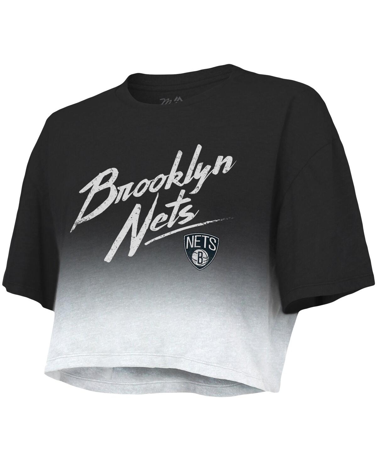 Shop Majestic Women's  Threads Black And White Brooklyn Nets Dirty Dribble Tri-blend Cropped T-shirt In Black,white