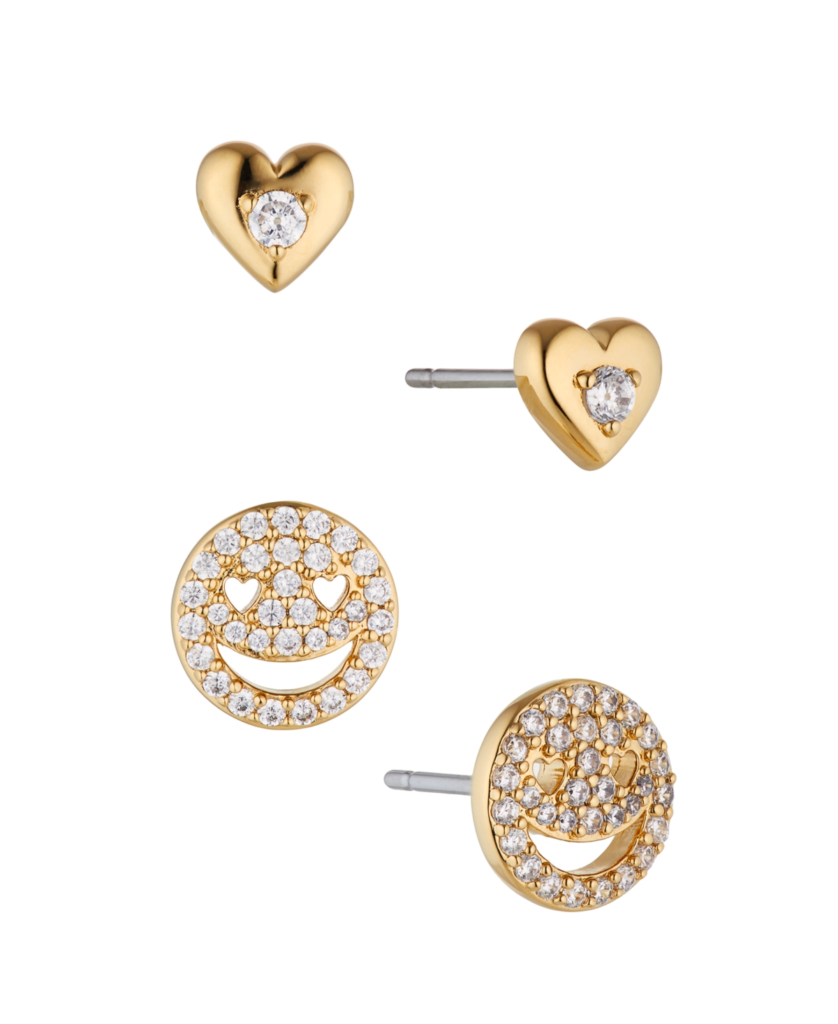 Heart Shape Stud and Smiley Face Earring Set, 4 Pieces - Gold-Tone