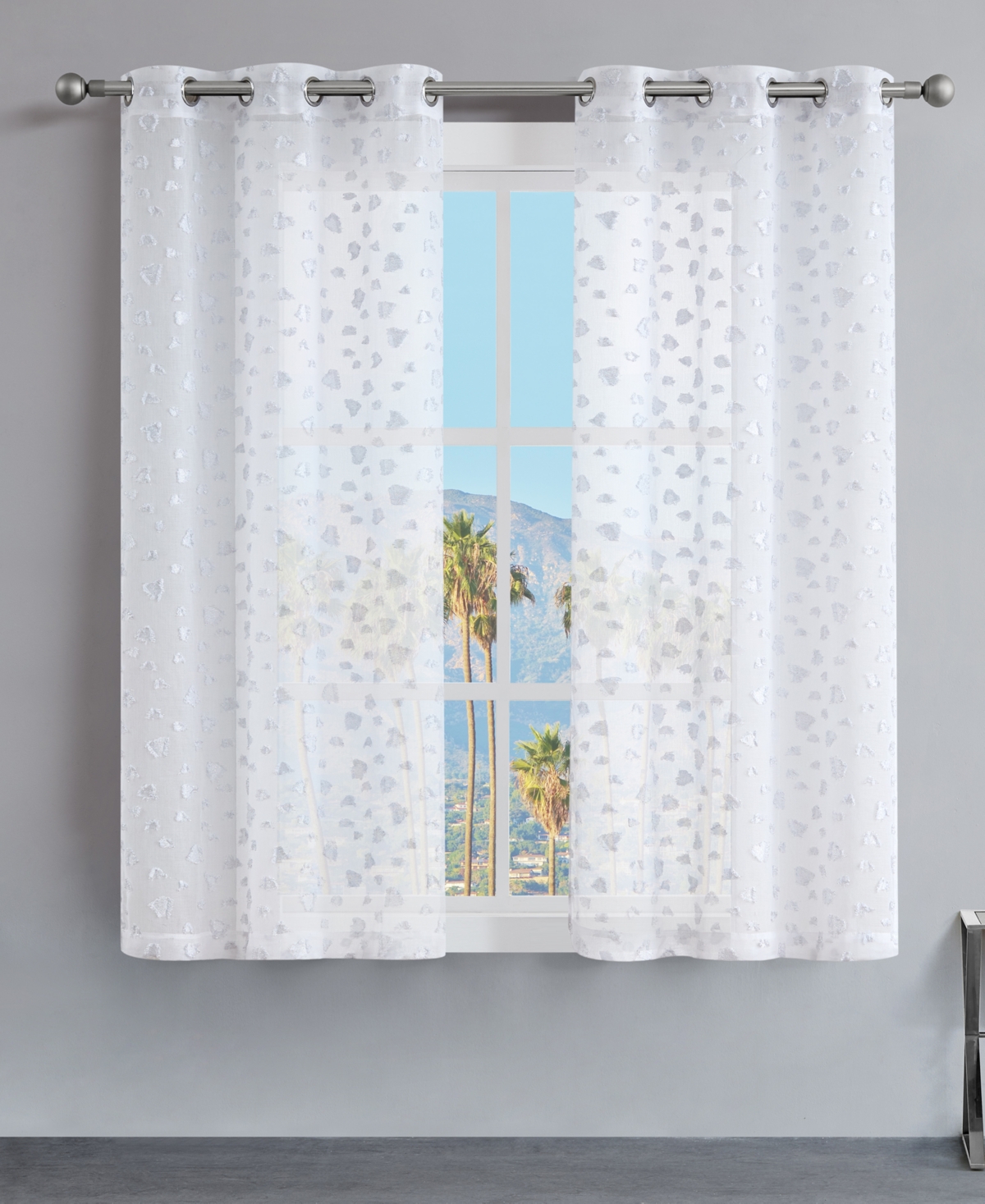 Ethel Leopard Embellished Sheer Grommet Window Curtain Panel Set, 38" x 63" - Black