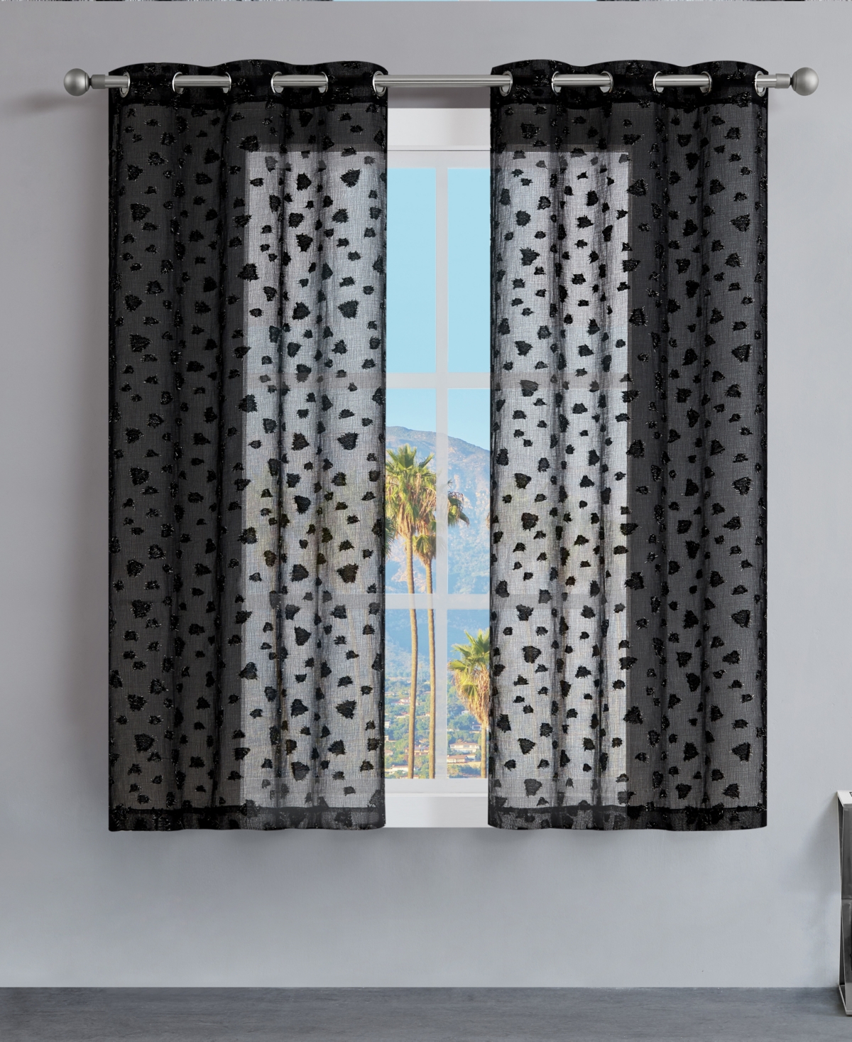 Ethel Leopard Embellished Sheer Grommet Window Curtain Panel Set, 38" x 63" - Black