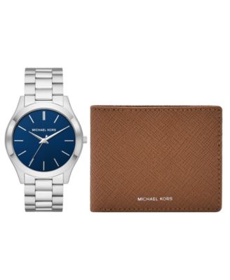 Men's Slim Runway Three-Hand Silver-Tone Stainless Steel Bracelet Watch 44mm and Luggage Saffiano Leather Wallet Set