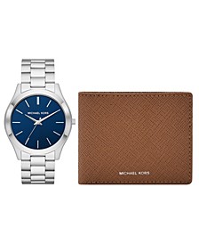 Men's Slim Runway Three-Hand Silver-Tone Stainless Steel Bracelet Watch 44mm and Luggage Saffiano Leather Wallet Set, 2 Pieces