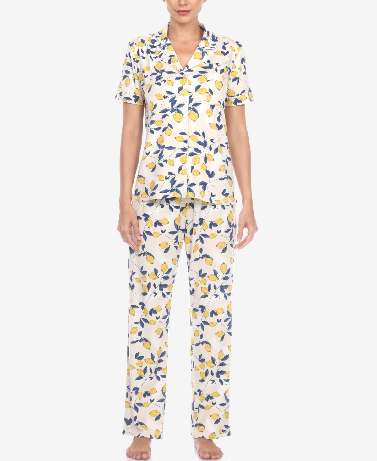 Women's 2 Piece Tropical Print Pajama Set - Beige, Lemon